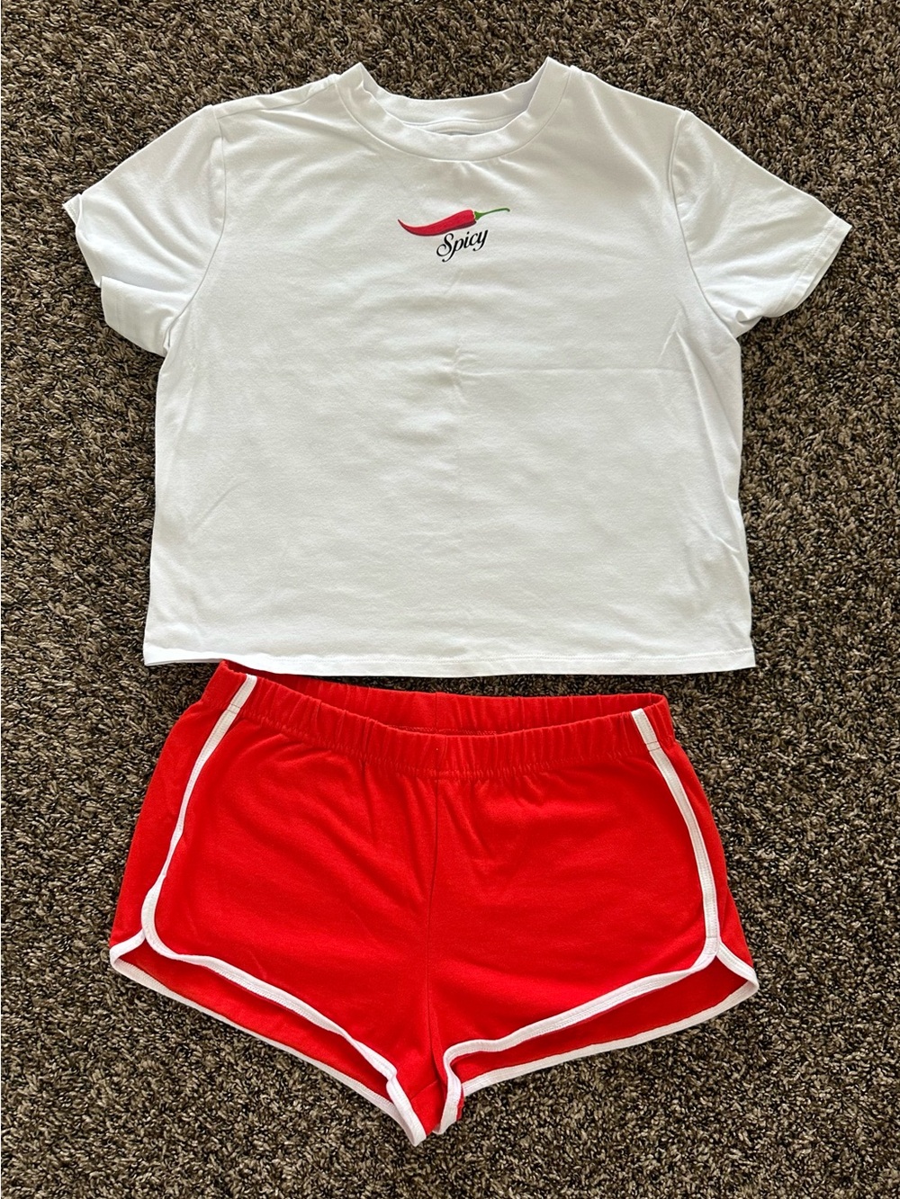 Women’s white short-sleeve baby tee & red dolphin-style running shorts - size XS